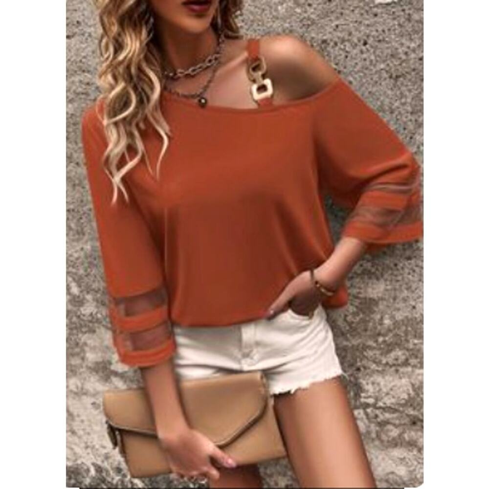 Rust One Shoulder Mesh Sleeve Top - Medium ✨🍂